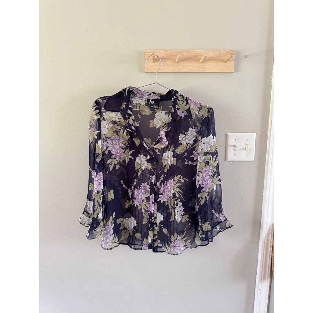 KS Selection Womens Navy Blue Floral Sheer Chiffon Blouse Ruffle Cuff Size 10